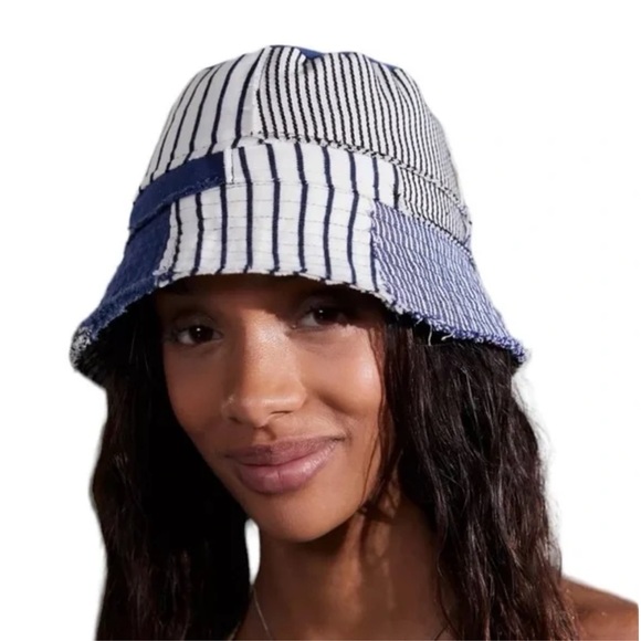 NWT Urban Outfitters Striped Patchwork Denim Bucket Hat - Picture 1 of 4